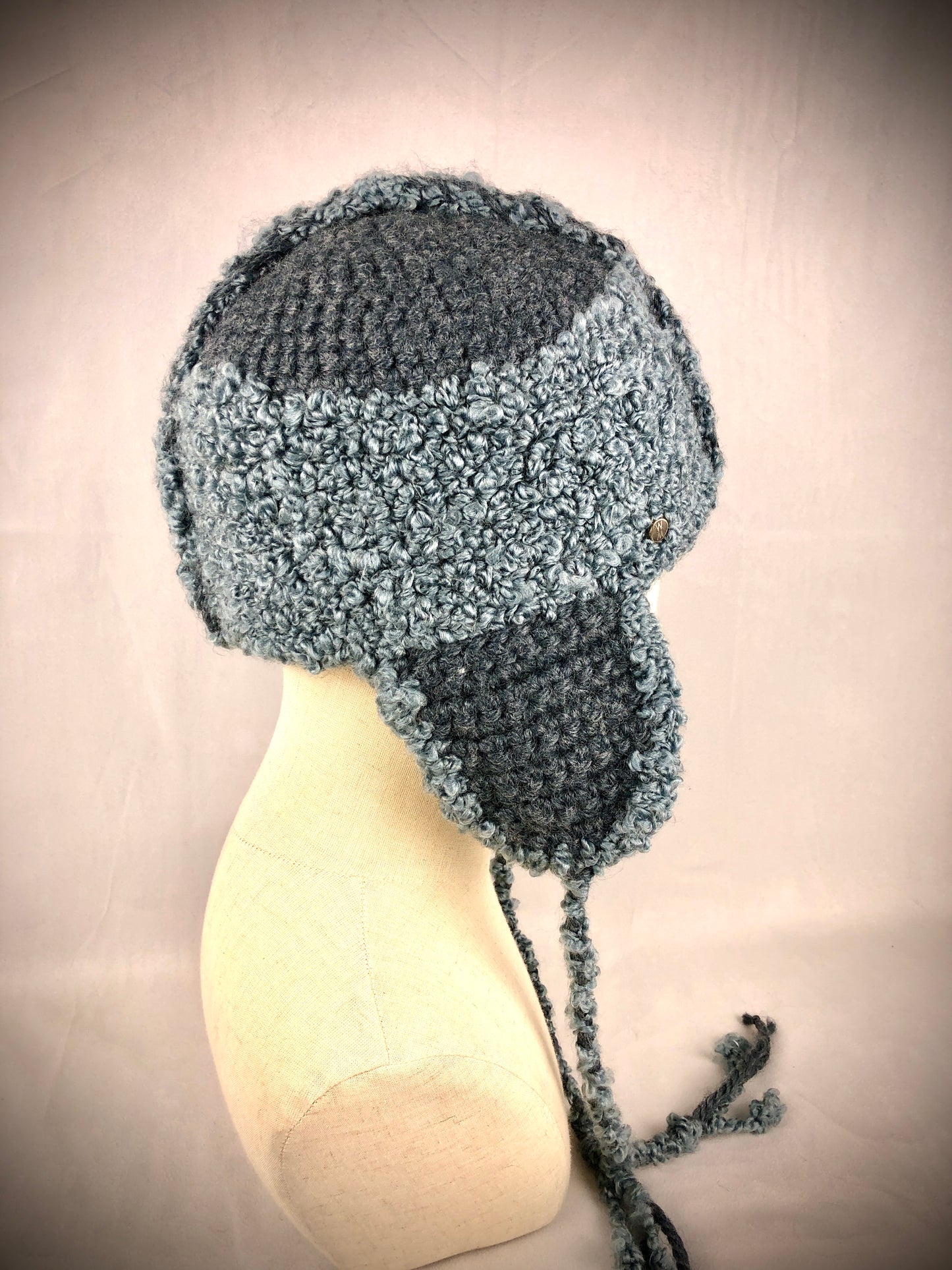 Grey blue earflap helmet hat