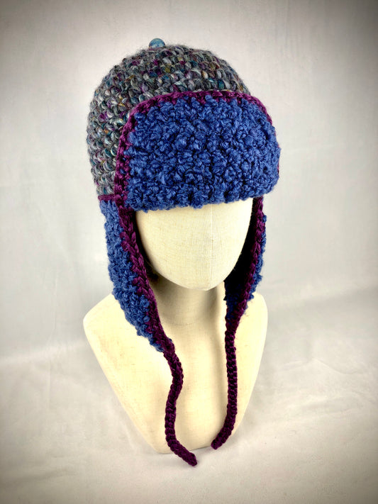 Blue grey purple earflap hat