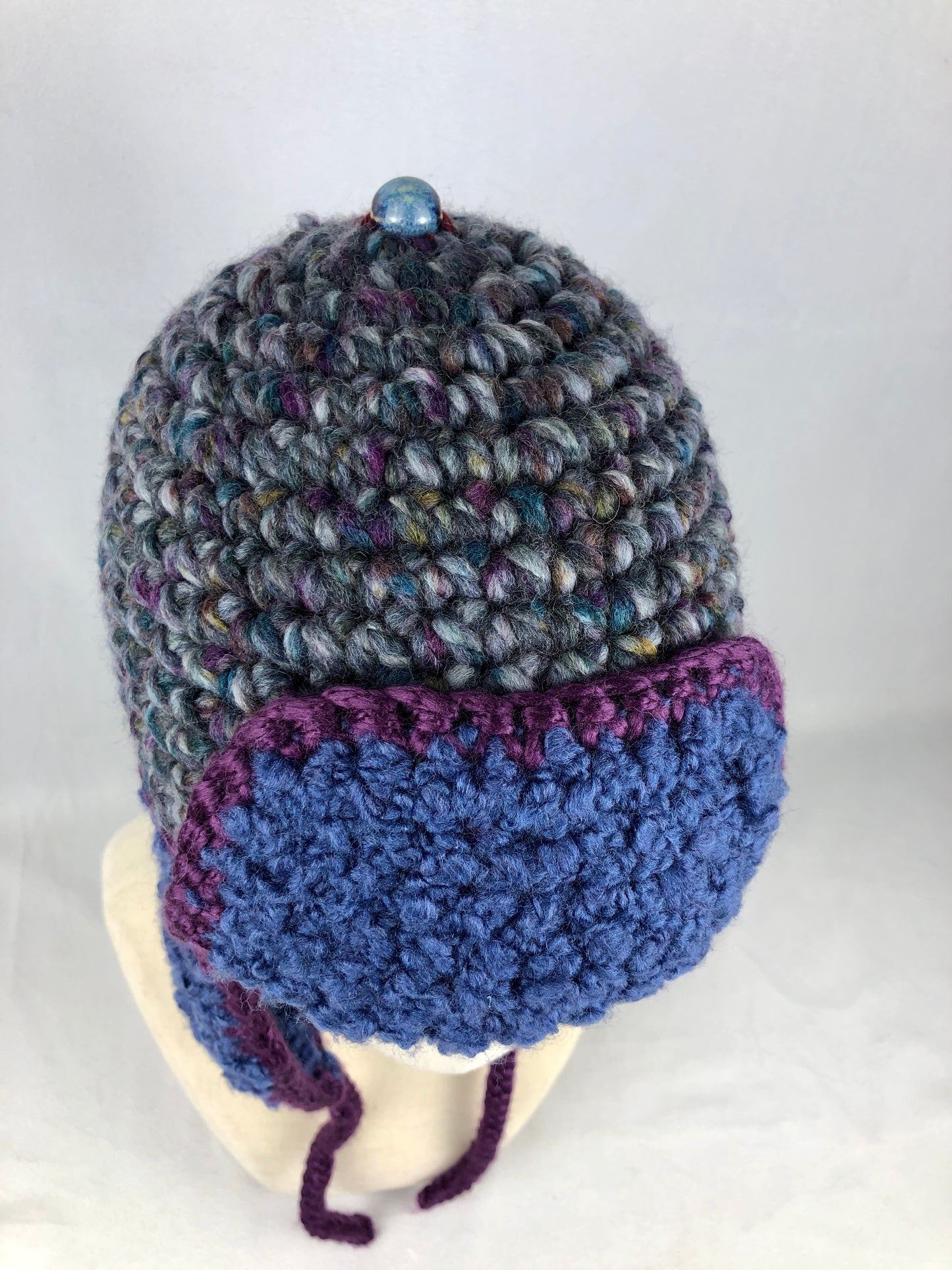 Blue grey purple earflap hat