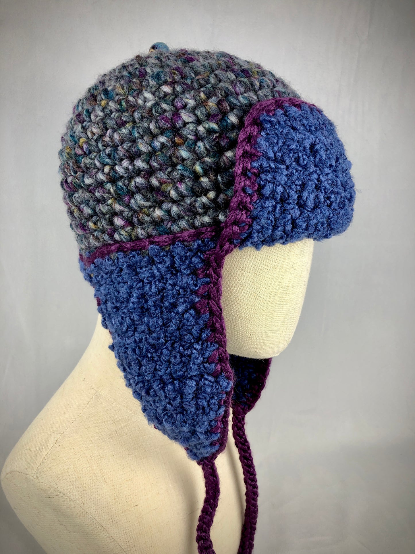 Blue grey purple earflap hat