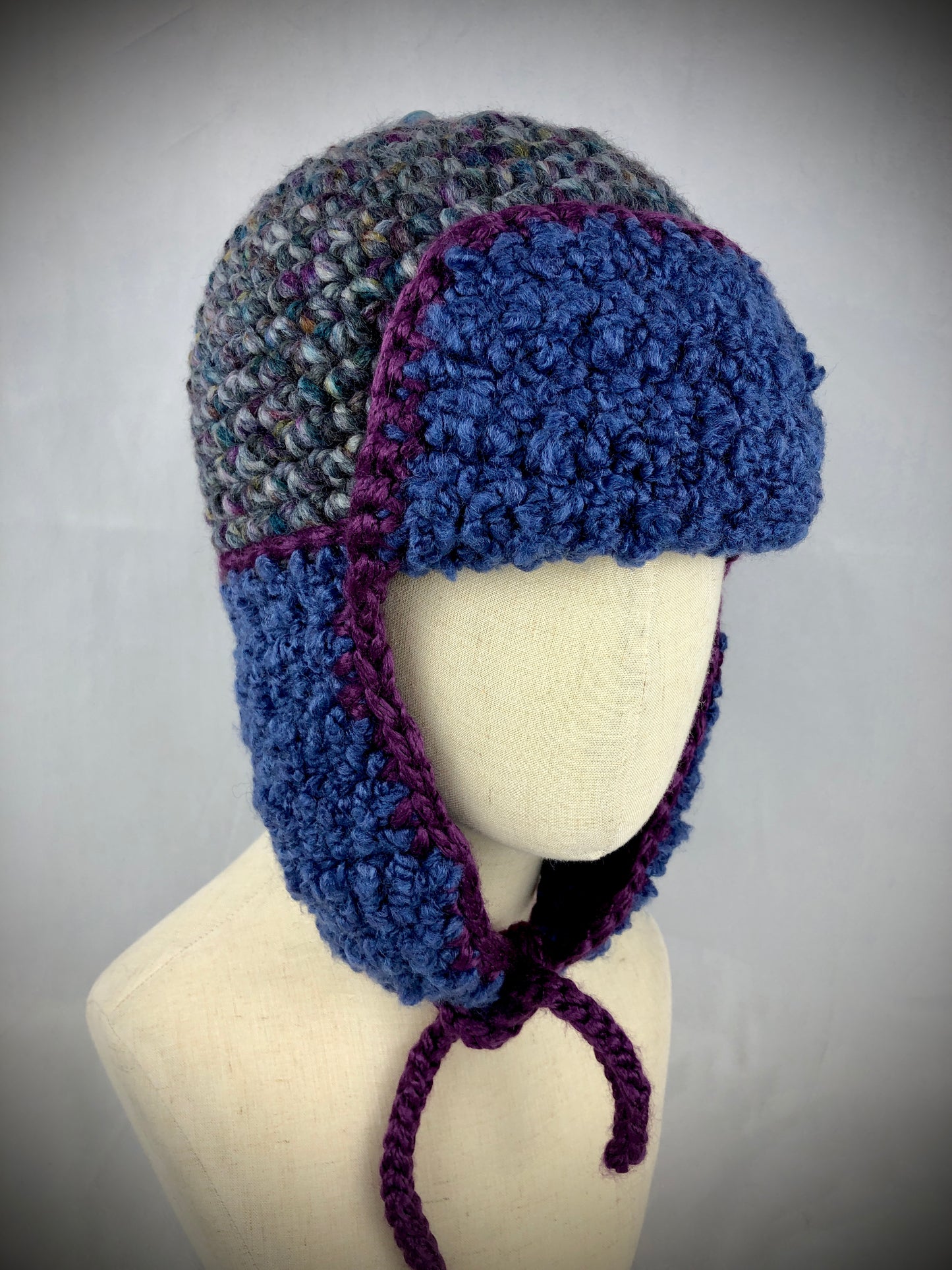 Blue grey purple earflap hat