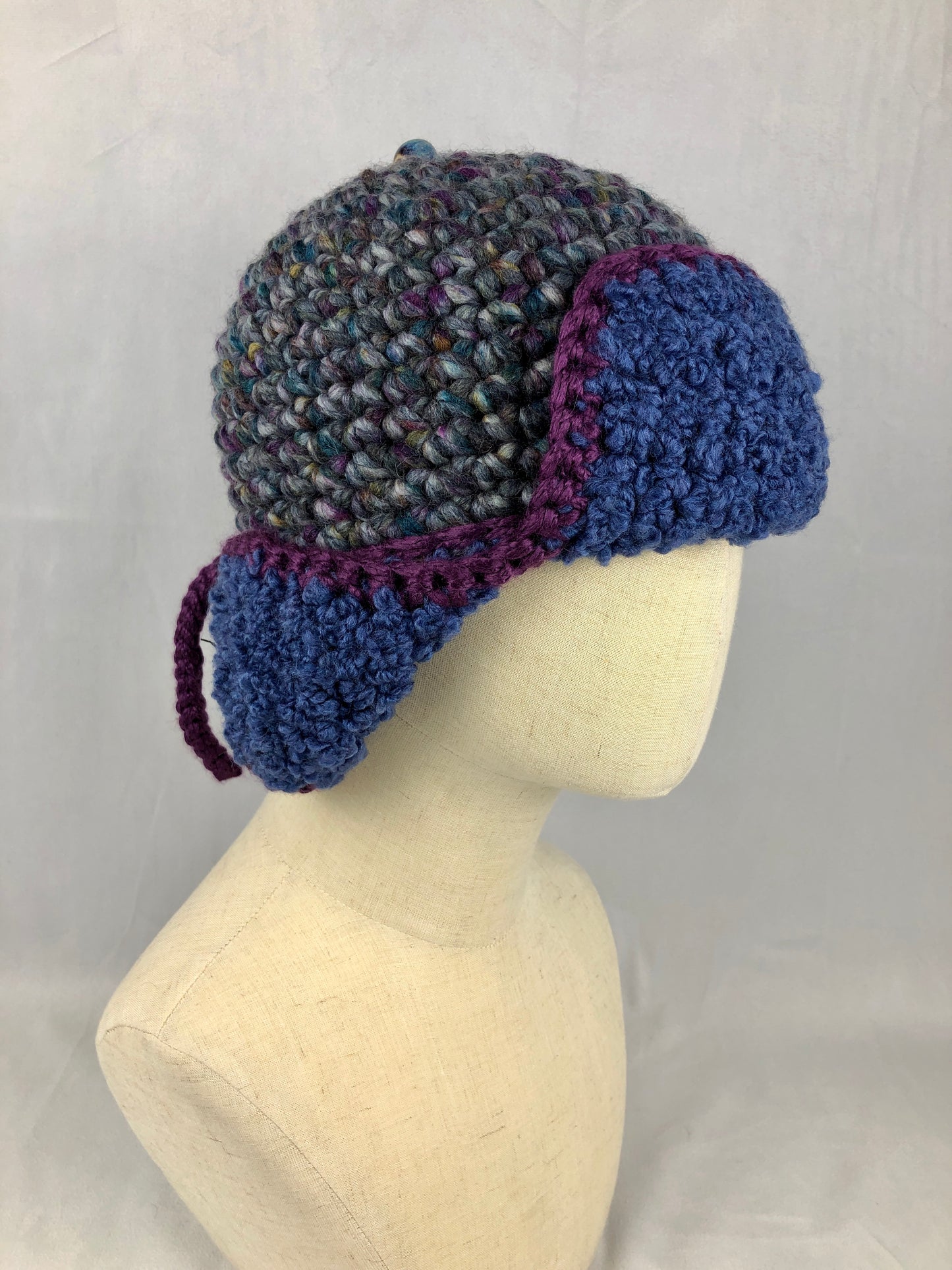 Blue grey purple earflap hat