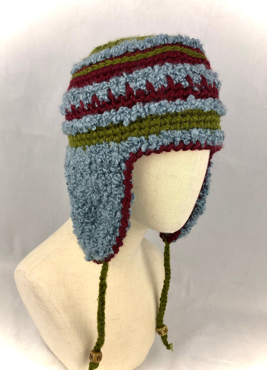 Blue green red stripe earflap hat