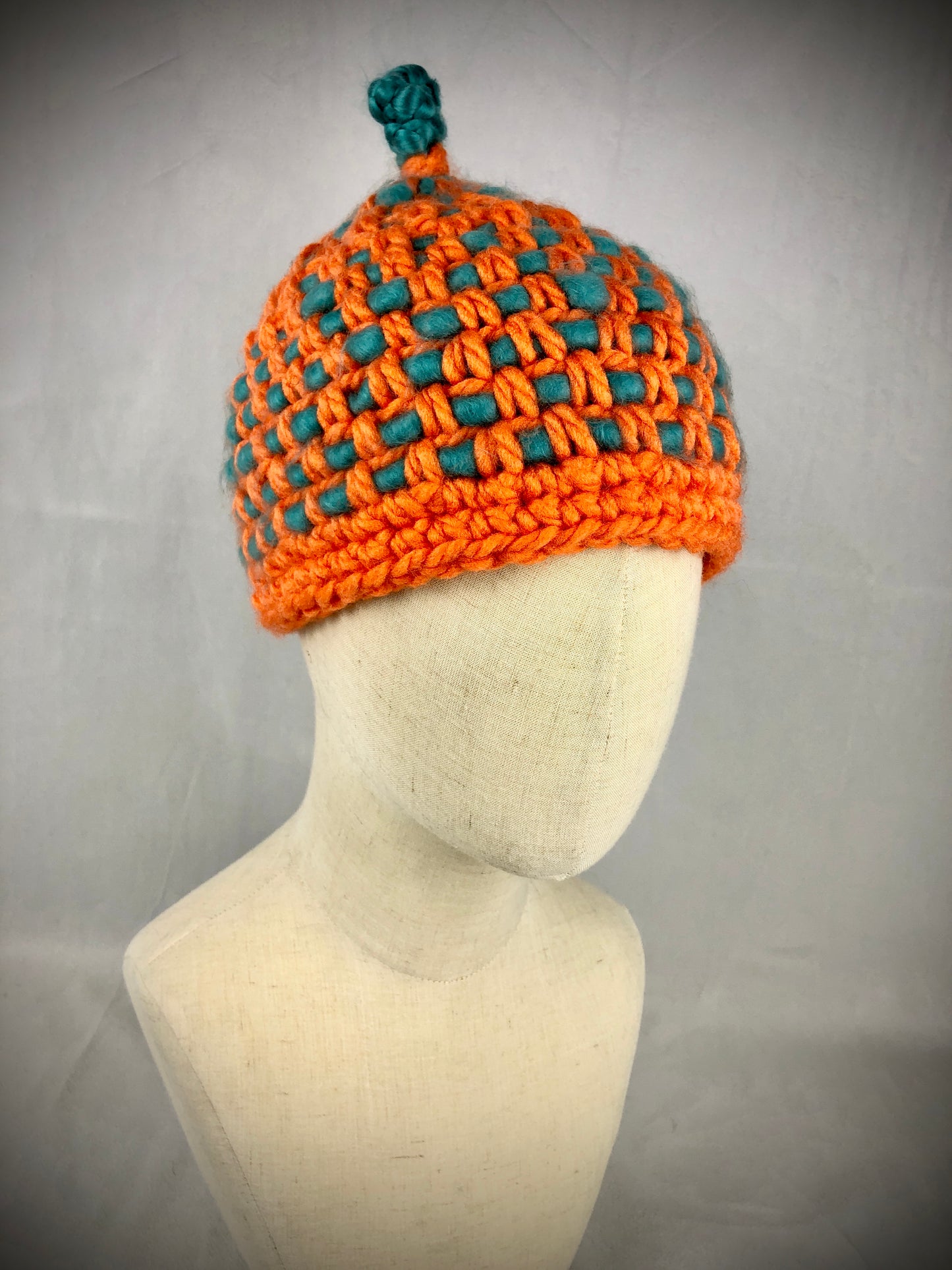 Orange teal blue chunky beanie toque