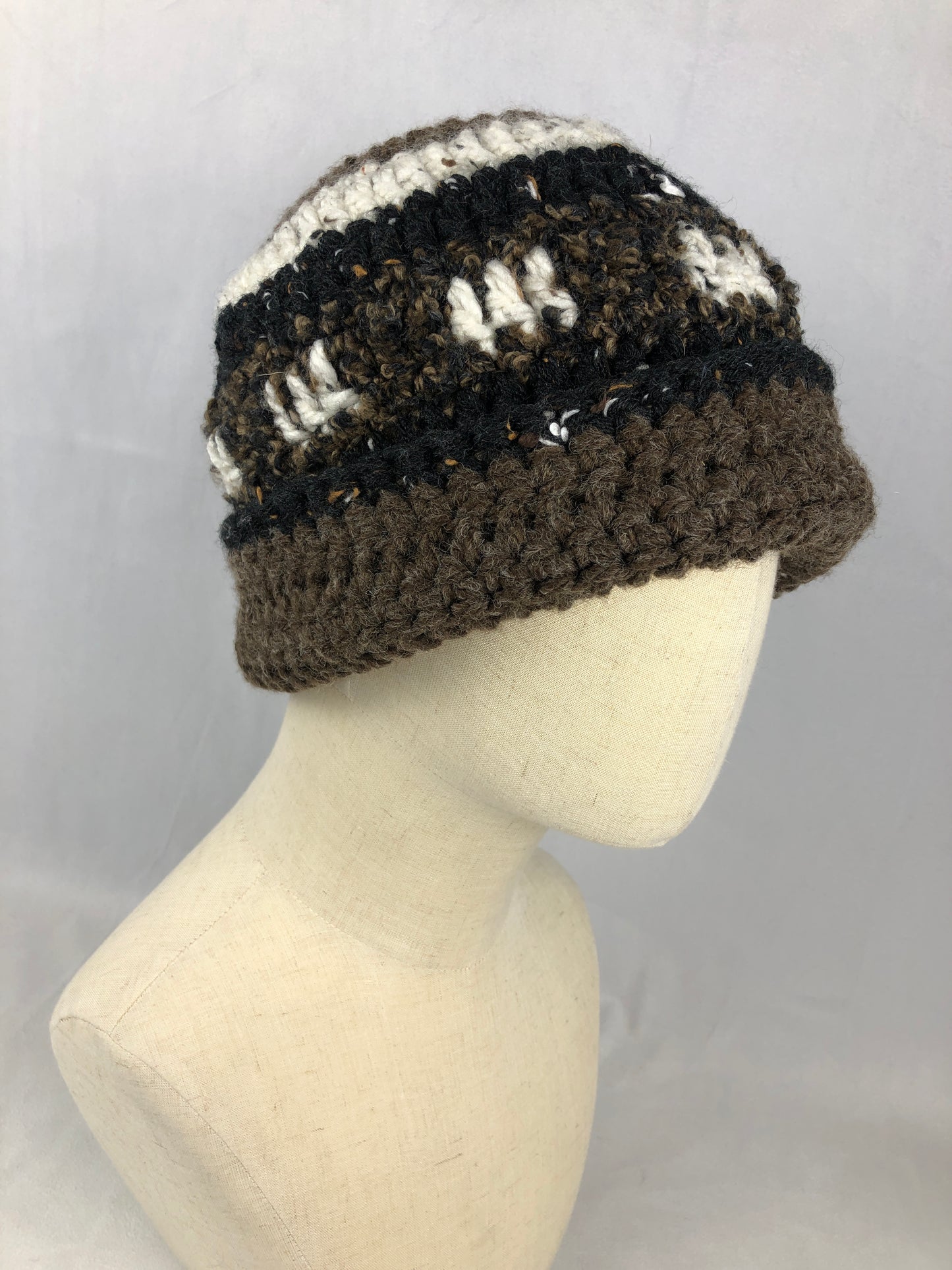 Brown black white beanie toque hat
