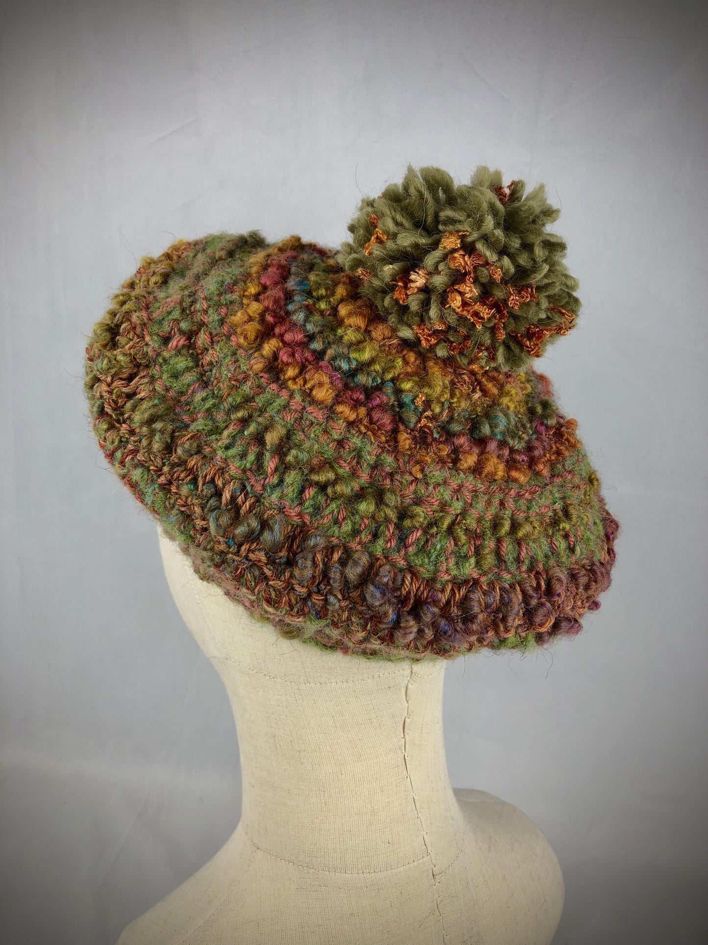 Green brown wool pompom beret