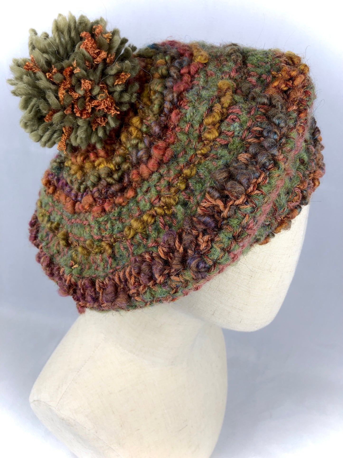 Green brown wool pompom beret