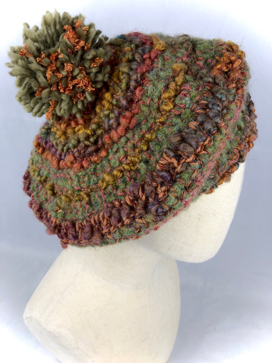 Green brown wool pompom beret