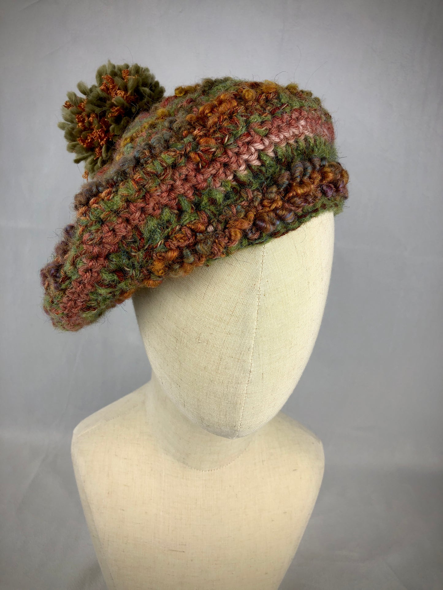 Green brown wool pompom beret