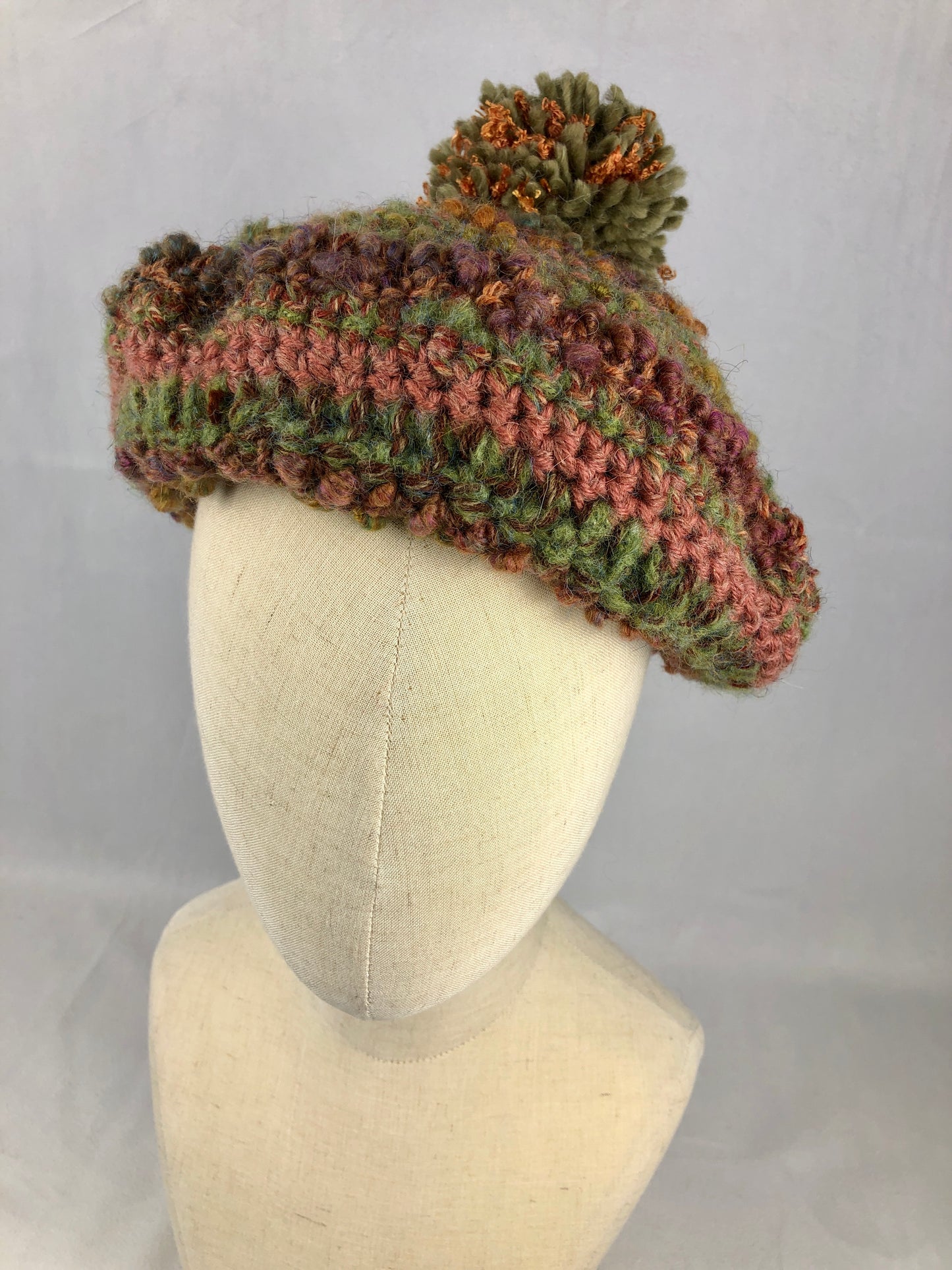 Green brown wool pompom beret