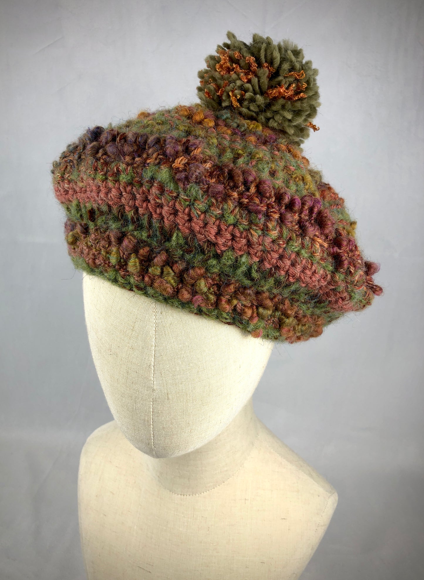 Green brown wool pompom beret