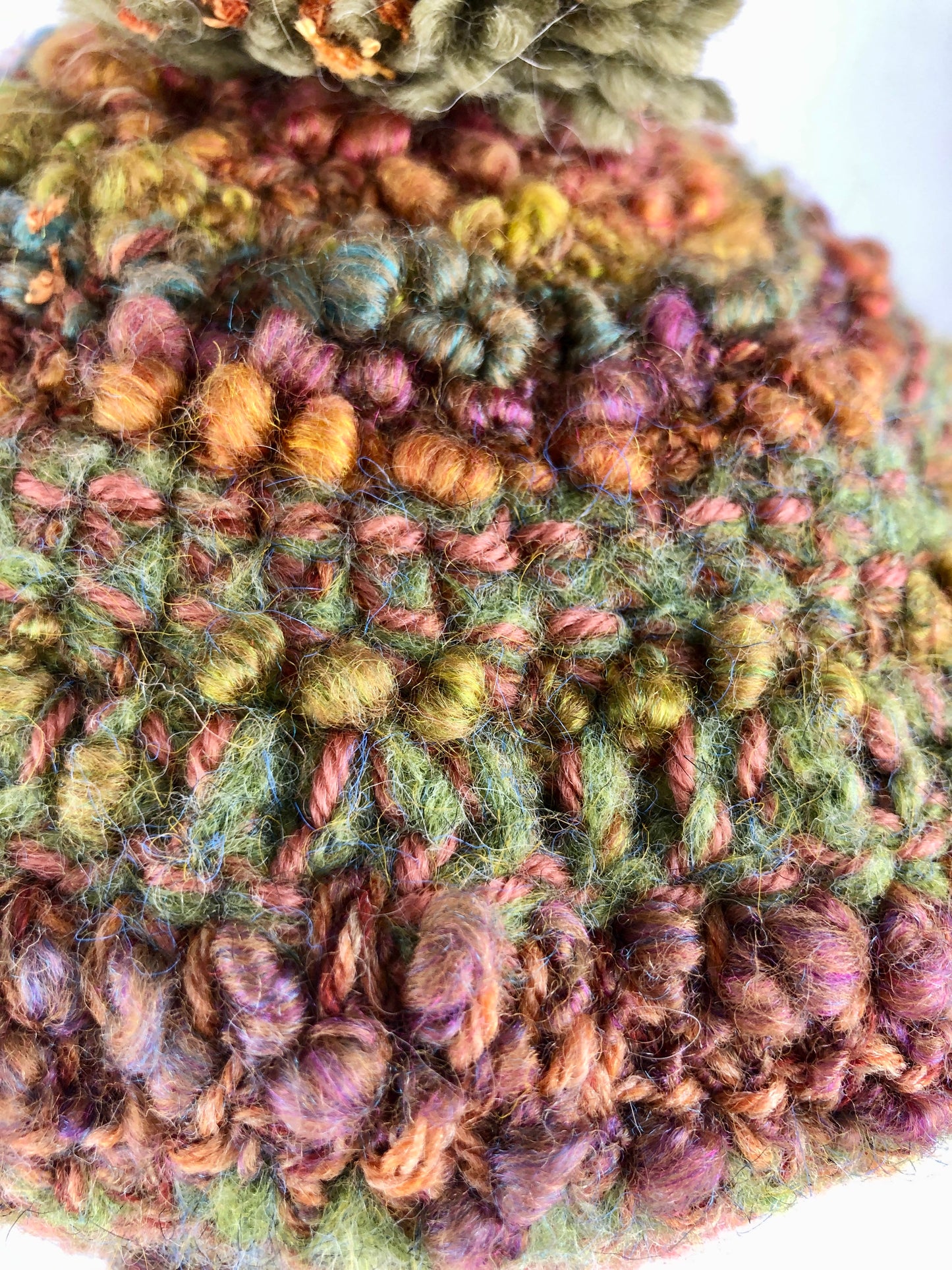 Green brown wool pompom beret
