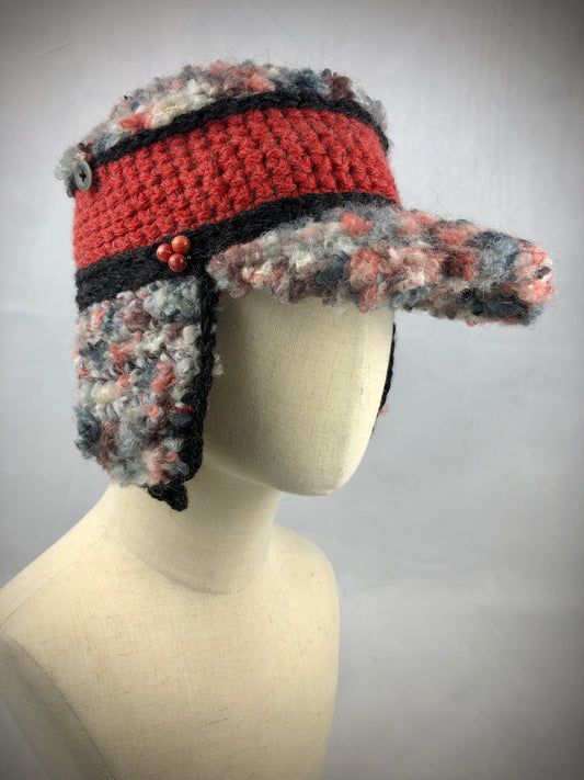 Grey red wool earflap kepi