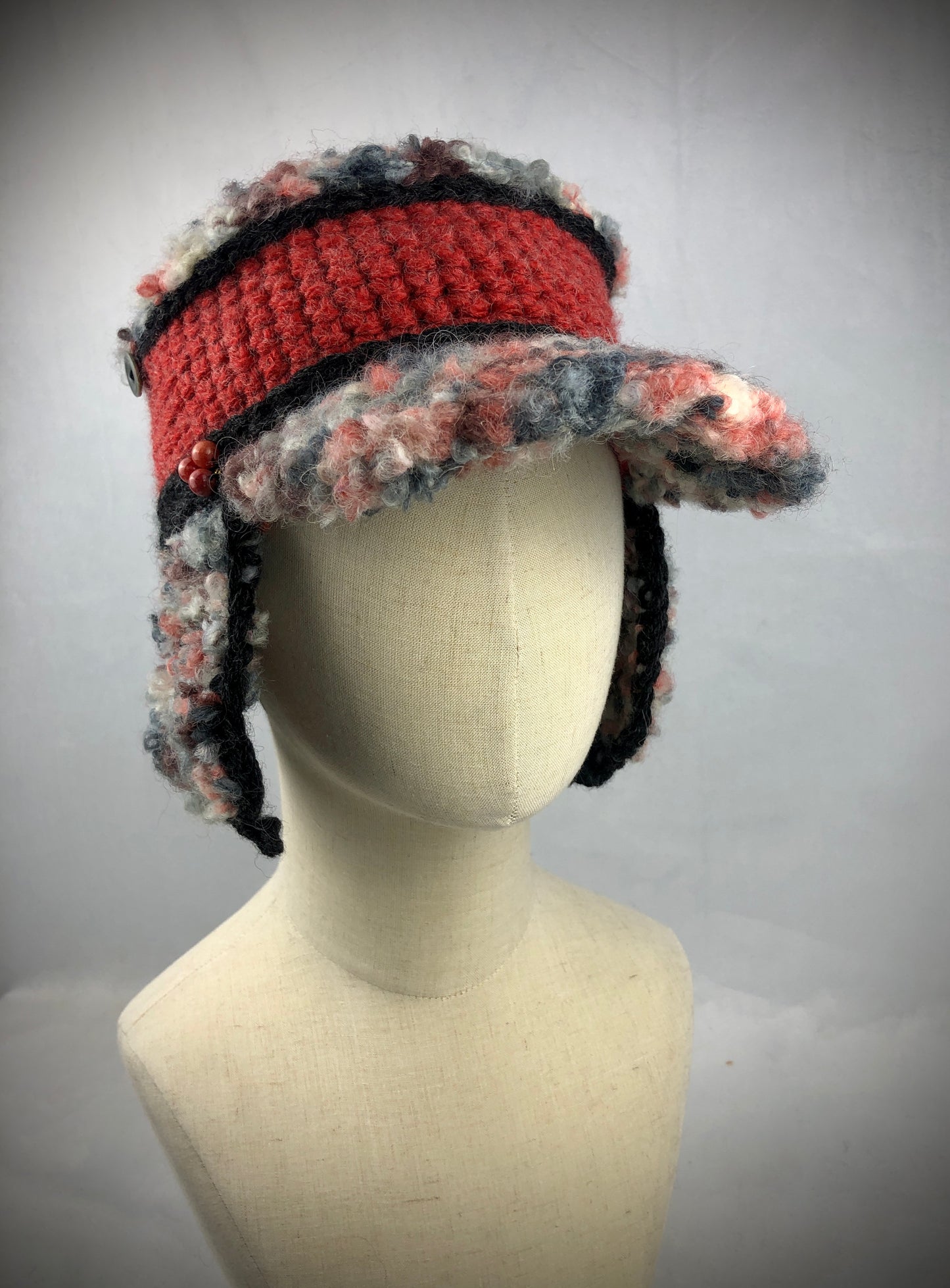 Grey red wool earflap kepi