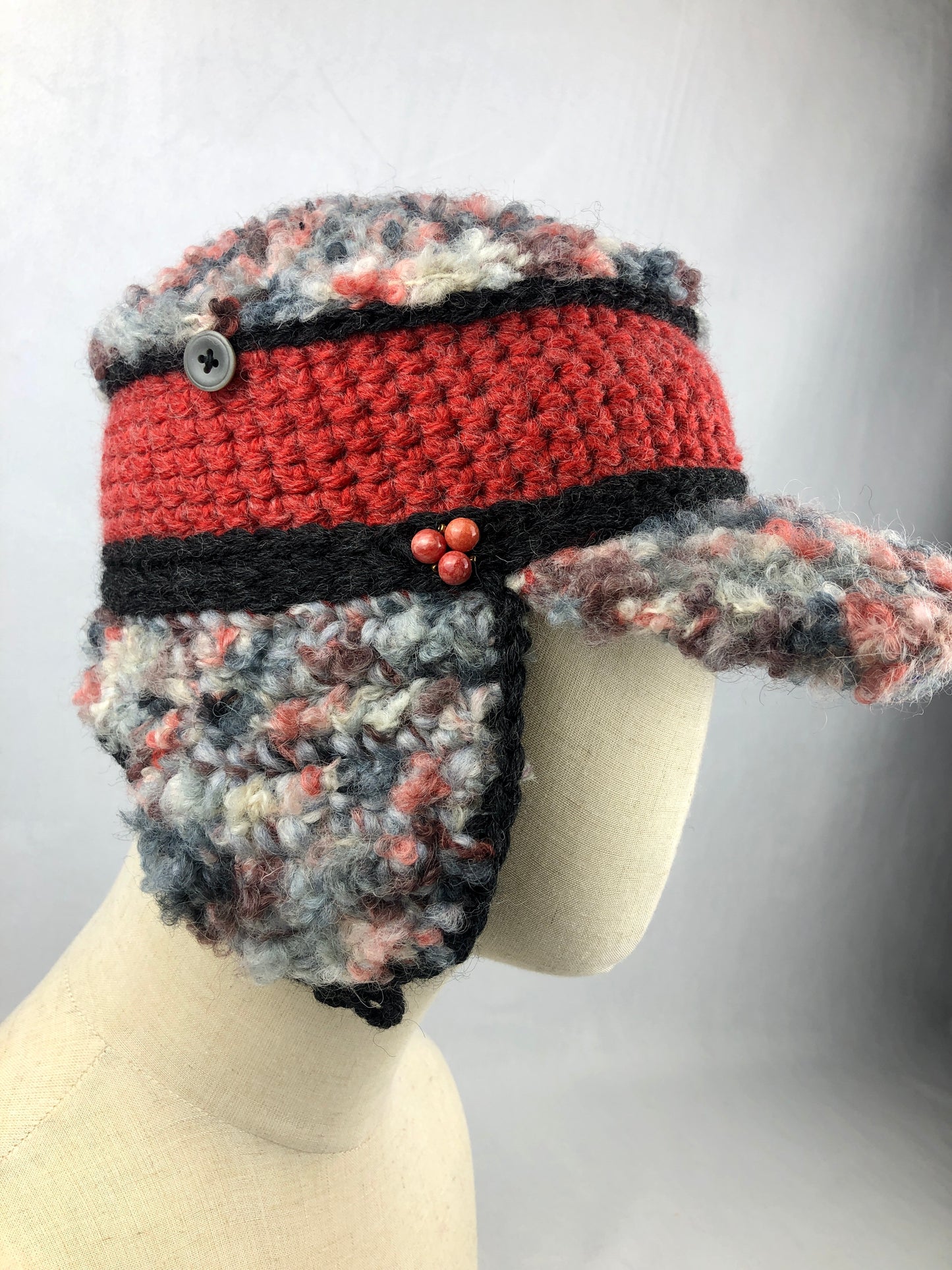 Grey red wool earflap kepi
