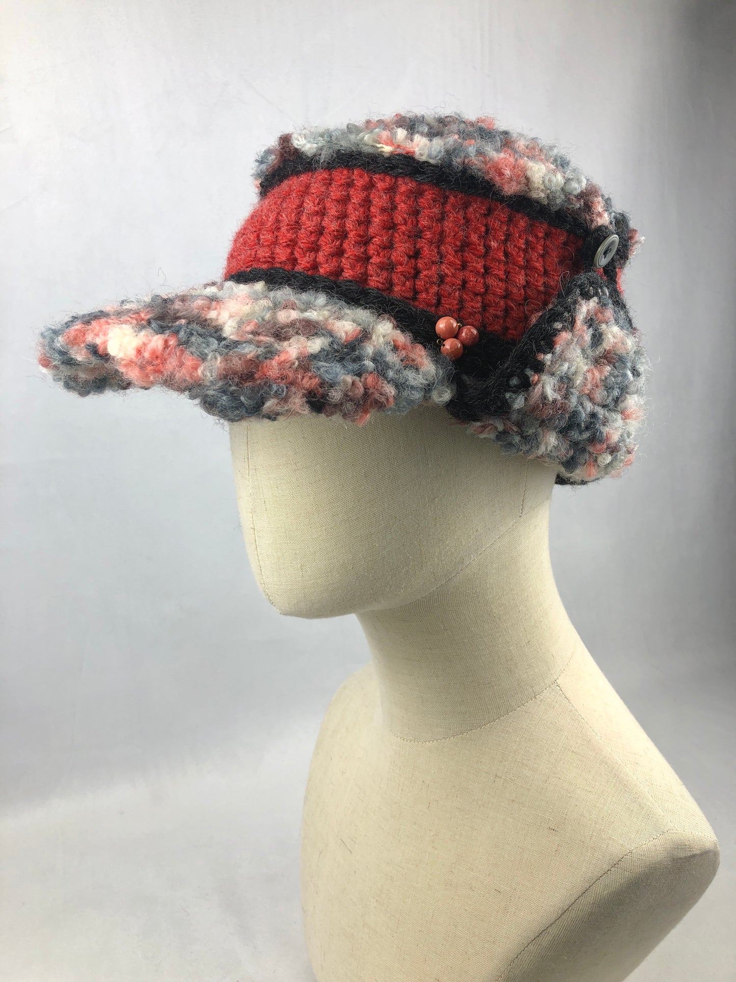 Grey red wool earflap kepi