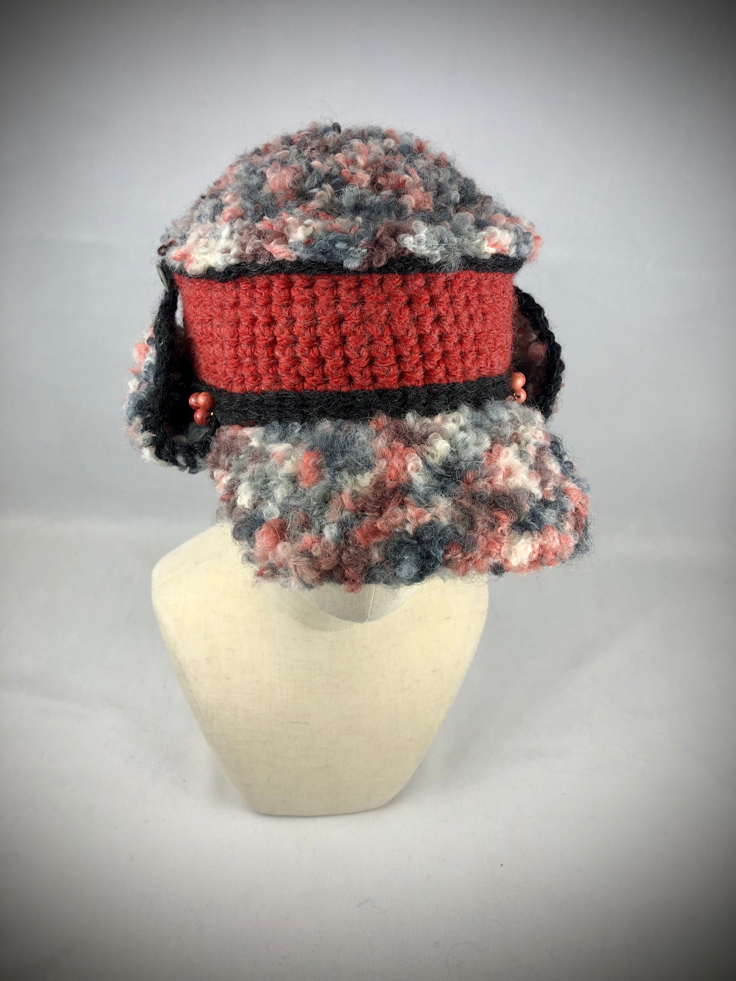 Grey red wool earflap kepi