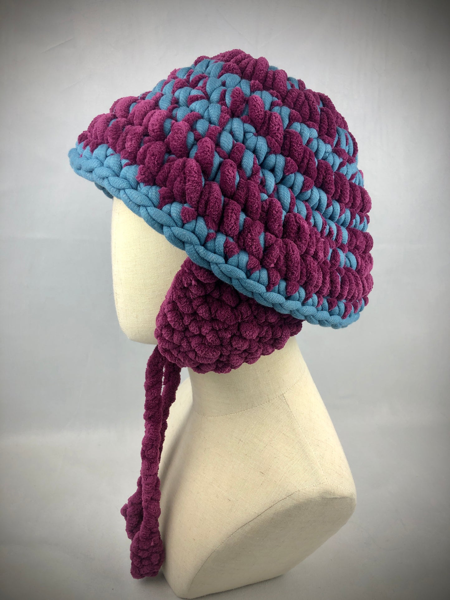 Blue purple chunky earflap bucket