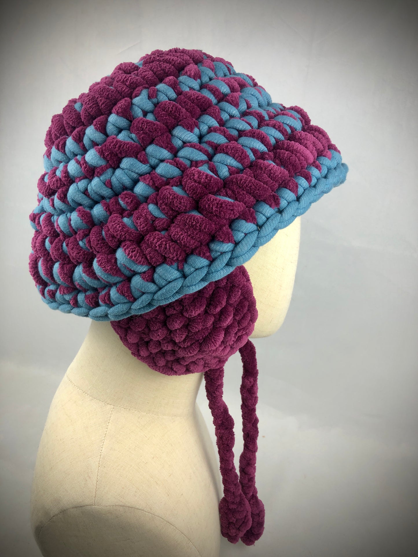 Blue purple chunky earflap bucket