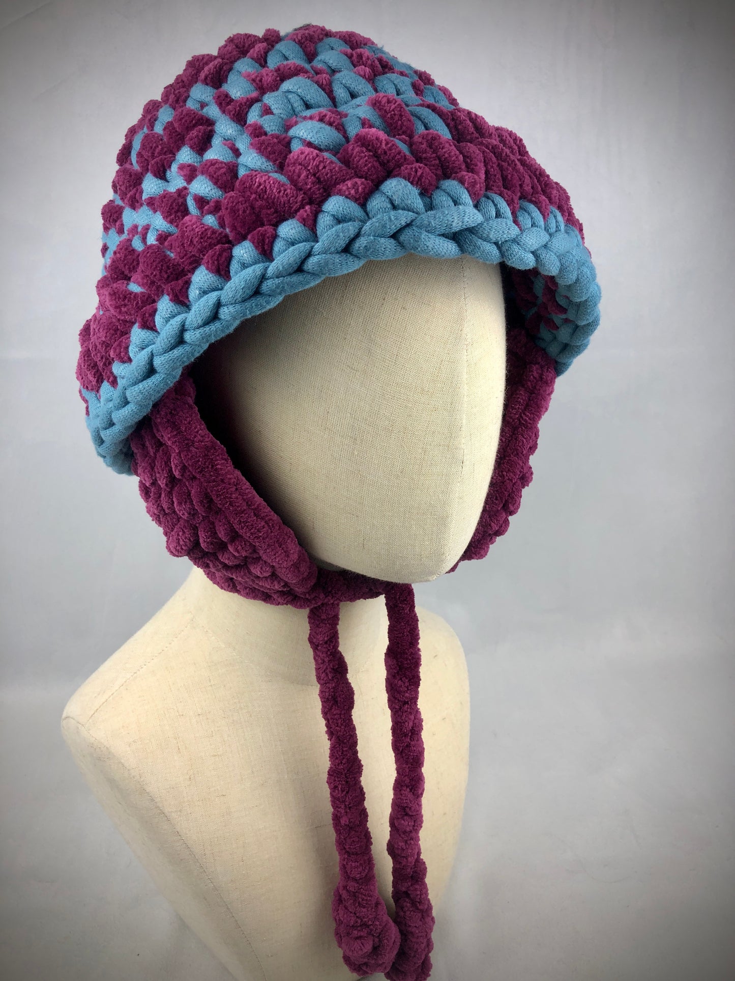 Blue purple chunky earflap bucket